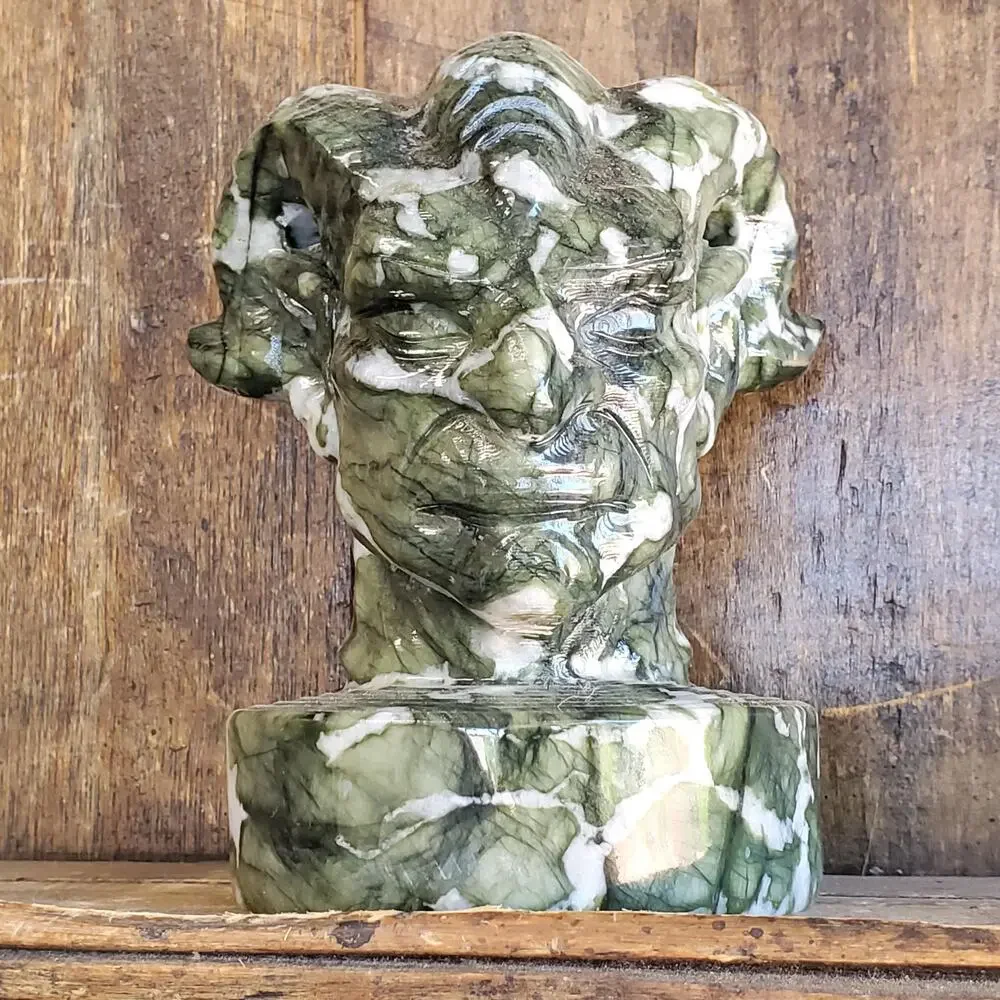 Velnias Horned Bust Serpentine Jade Demon Head Bust Crystal Skull 1740 grams